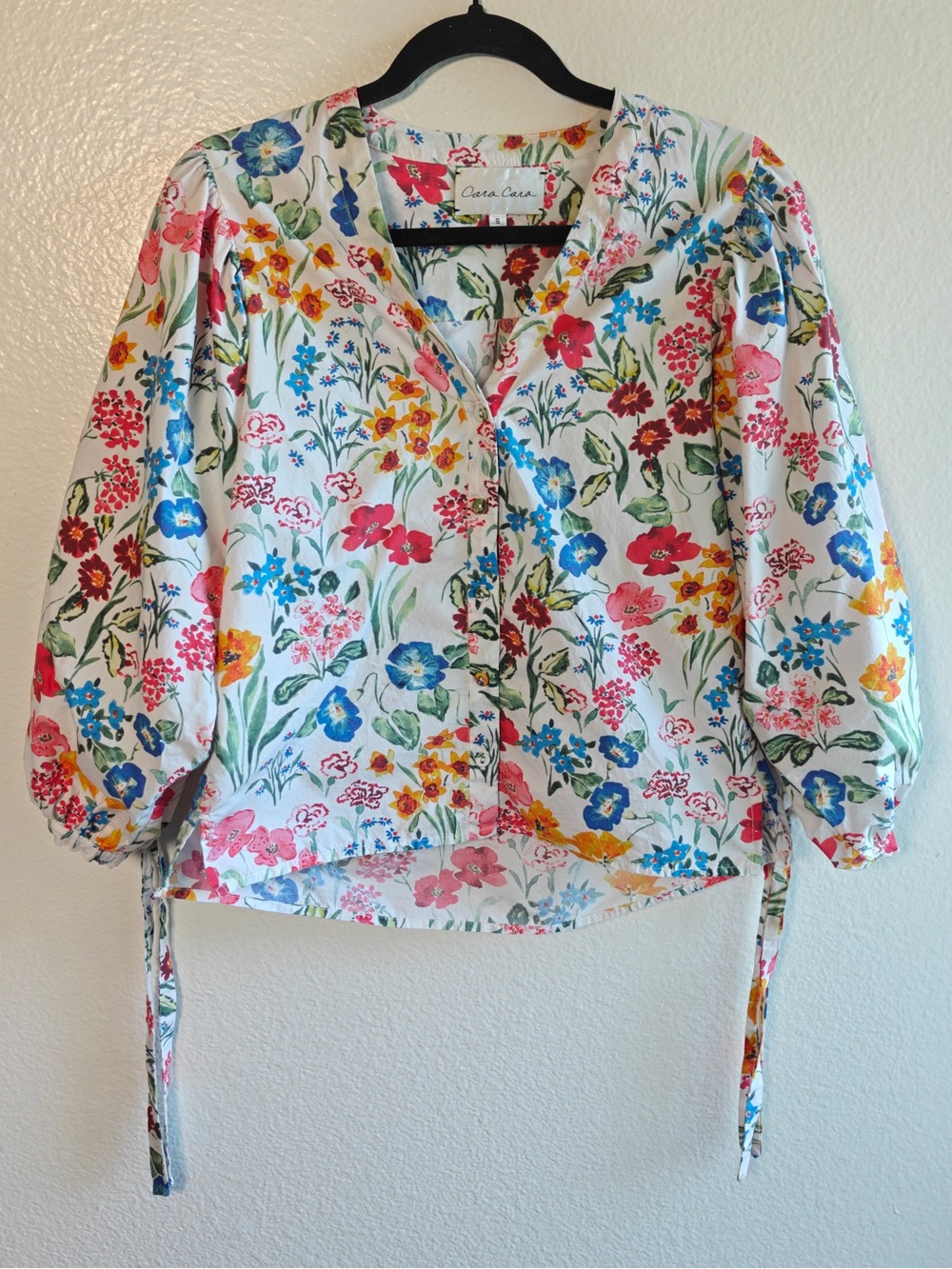 Cara Cara Floral Cotton Puff Sleeve Tie Cuff Blouse Size S